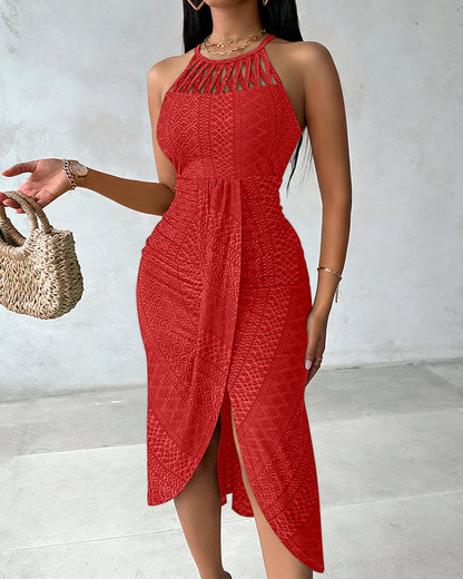 Halter Tie Criss Cross Front Ruched Knit Jacquard Textured Slit Dress Casual Hollow-out Draped Vacation Dress