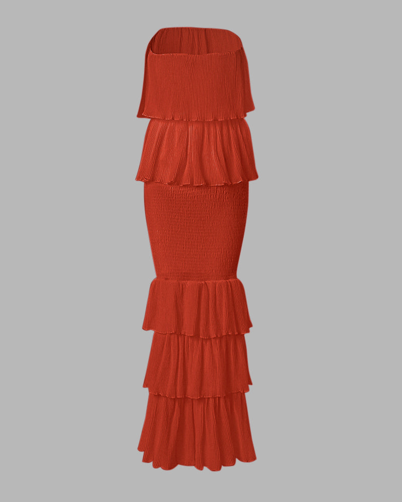 Layered Ruffle Shirred Slim Fit Strapless Dress Textured Maxi Party Dress