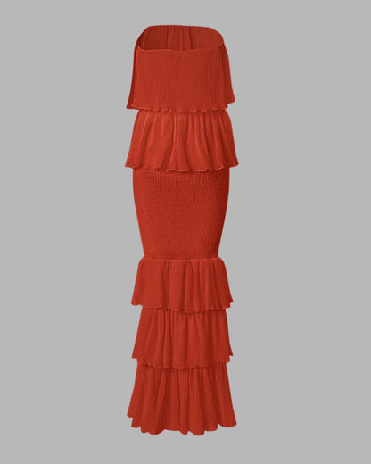 Layered Ruffle Shirred Slim Fit Strapless Dress Textured Maxi Party Dress