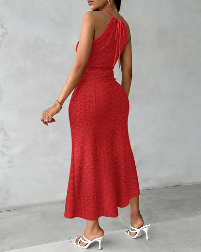 Halter Tie Criss Cross Front Knit Jacquard Textured Slit Dress Casual Hollow-out Draped Vacation Dress