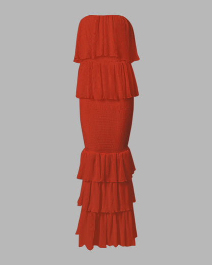Layered Ruffle Shirred Slim Fit Strapless Dress Textured Maxi Party Dress