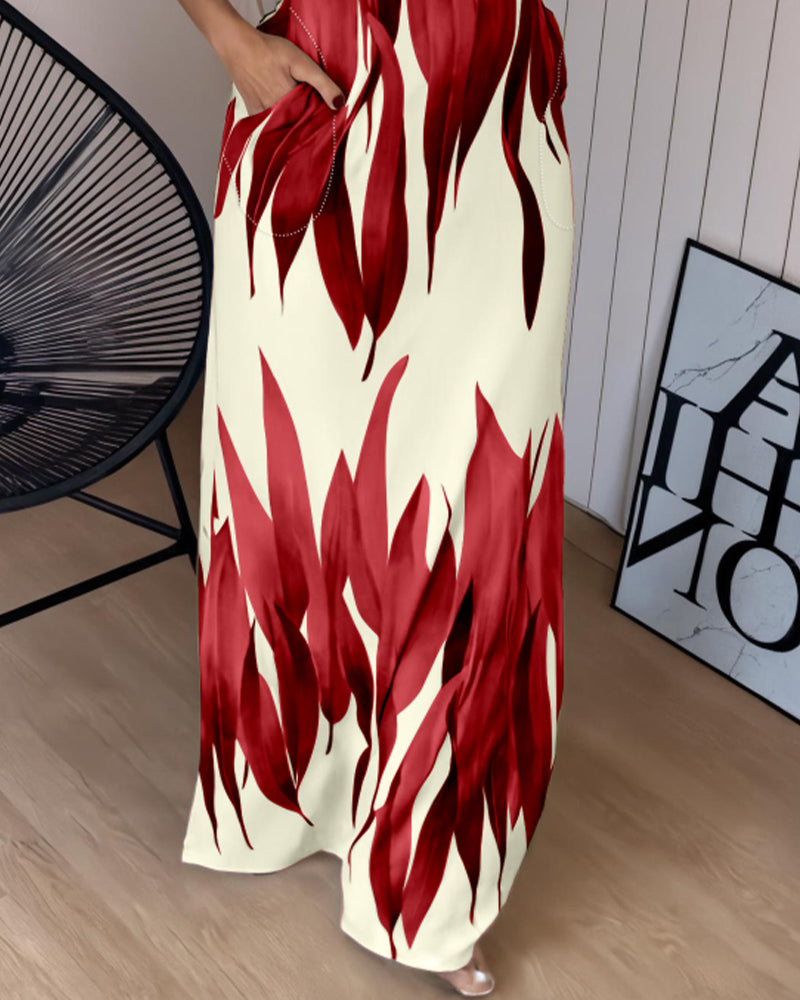 Plants Print Square Neck Thick Strap Maxi Dress Casual Slim Fit Side Slit Vacation Dress with Pockets