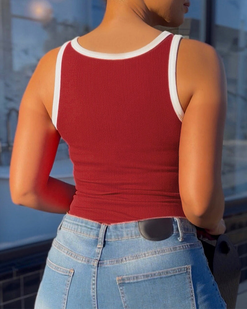 Women's Contrast Binding Camisole Rib-Knit Slim Fit Tank Top Sexy Cami with Metal Buckle Straps