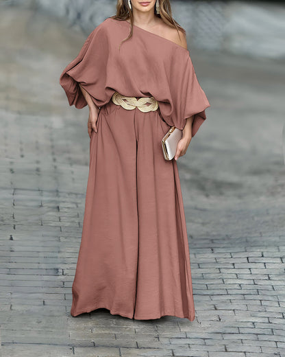 Skew Neck Lantern Sleeve Loose Top & Zipper Fly Wide Leg Pants Set Without Belt