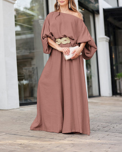 Skew Neck Lantern Sleeve Loose Top & Zipper Fly Wide Leg Pants Set Without Belt