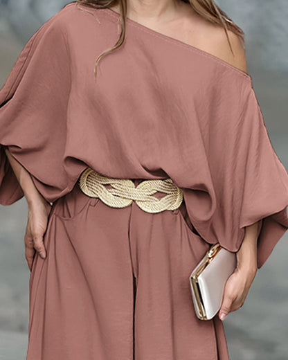 Skew Neck Lantern Sleeve Loose Top & Zipper Fly Wide Leg Pants Set Without Belt