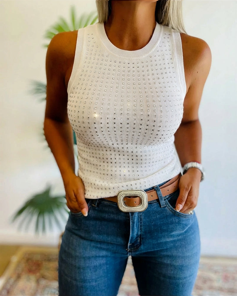 Rhinestone Decor O-neck Sleeveless Tee Slim Fit Ribbed Tank Top