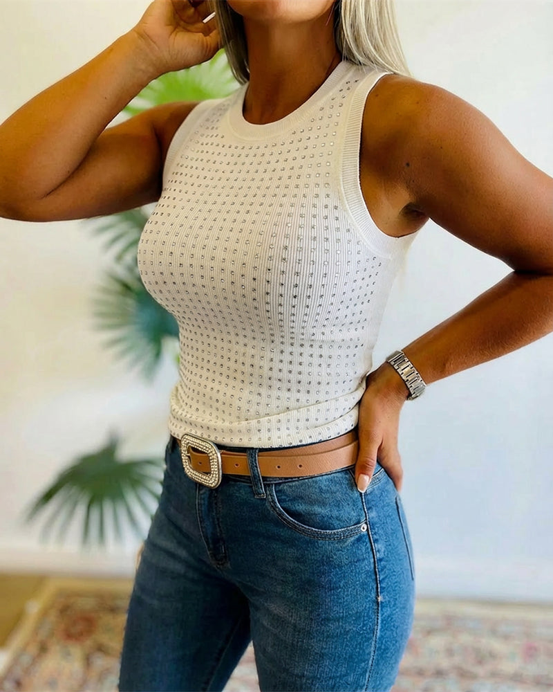 Rhinestone Decor O-neck Sleeveless Tee Slim Fit Ribbed Tank Top