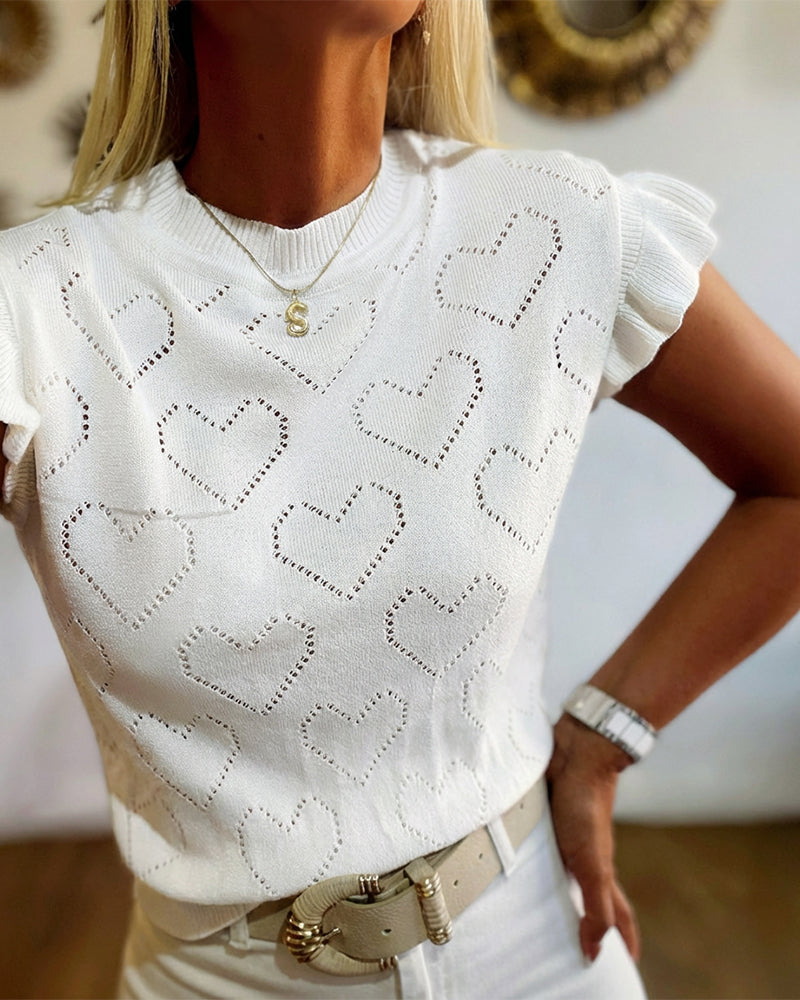 Allover Hollow-out Heart Pattern Round Neck Ruffles Short Sleeve Knit Top