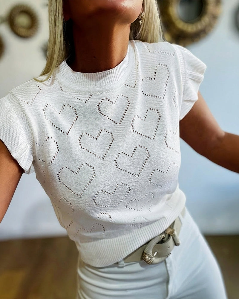 Allover Hollow-out Heart Pattern Round Neck Ruffles Short Sleeve Knit Top