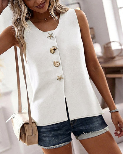 Women's Knit Tank Top Starfish Shell Gold Button Sleeveless Vest Beach Vacation Casual Top