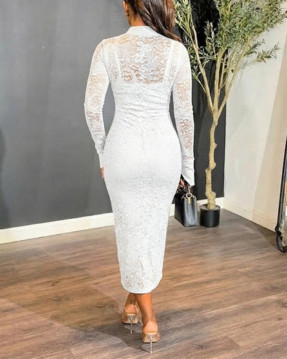 CHICME Women's Stand Collar Floral Lace Mid-length Dress Long Sleeve Button Down Bodycon Dress with Cami Lining Set