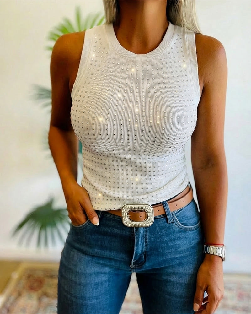 Rhinestone Decor O-neck Sleeveless Tee Slim Fit Ribbed Tank Top
