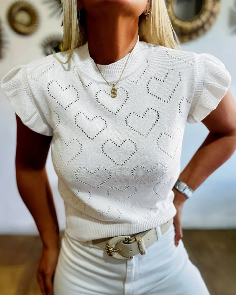 Allover Hollow-out Heart Pattern Round Neck Ruffles Short Sleeve Knit Top