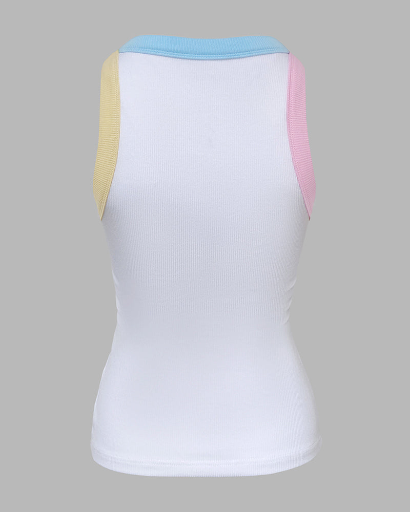 Women's Contrast Binding Tank Top Ribbed Knit Sleeveless Scoop Neck Slim Fit Camisole Top with Built-in Bra