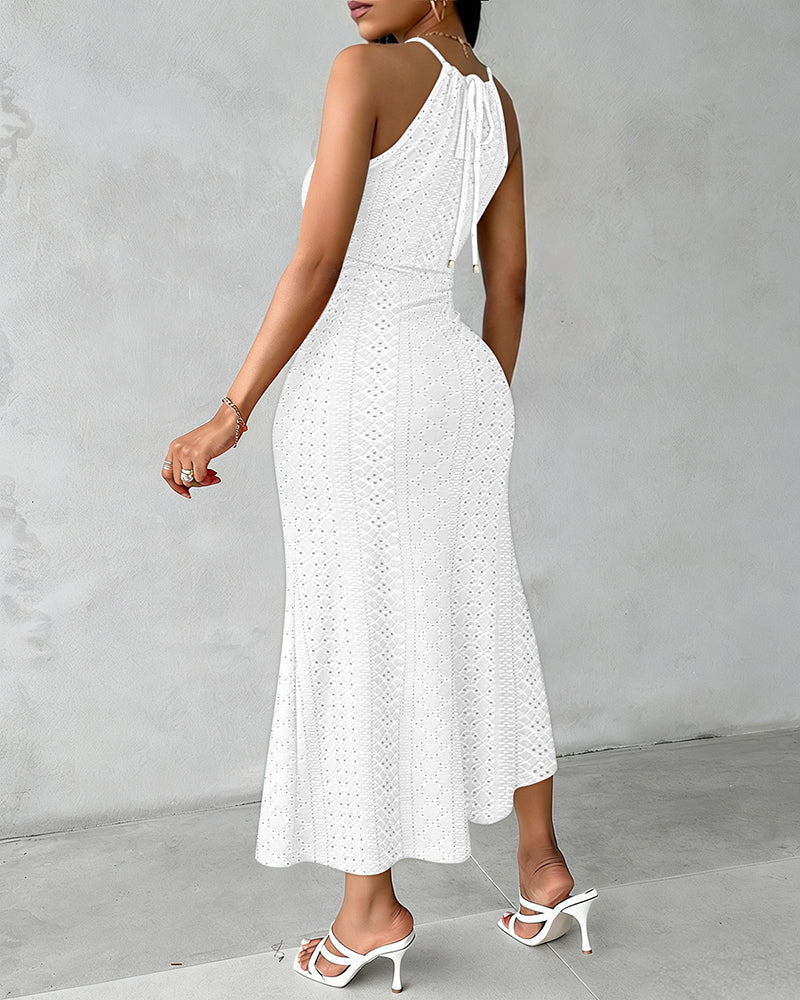 Halter Tie Criss Cross Front Ruched Knit Jacquard Textured Slit Dress Casual Hollow-out Draped Vacation Dress