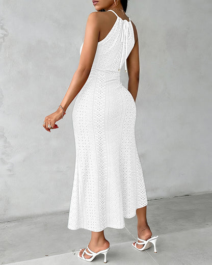 Halter Tie Criss Cross Front Ruched Knit Jacquard Textured Slit Dress Casual Hollow-out Draped Vacation Dress