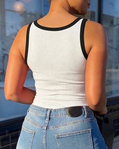 Women's Contrast Binding Camisole Rib-Knit Slim Fit Tank Top Sexy Cami with Metal Buckle Straps