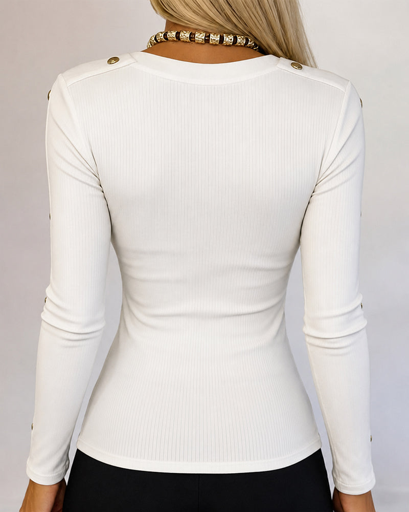 Women's Gold Studded Long Sleeve Rib-Knit T-Shirt Slim Fit Round Neck Top