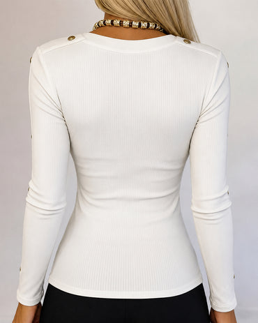 Women's Gold Studded Long Sleeve Rib-Knit T-Shirt Slim Fit Round Neck Top