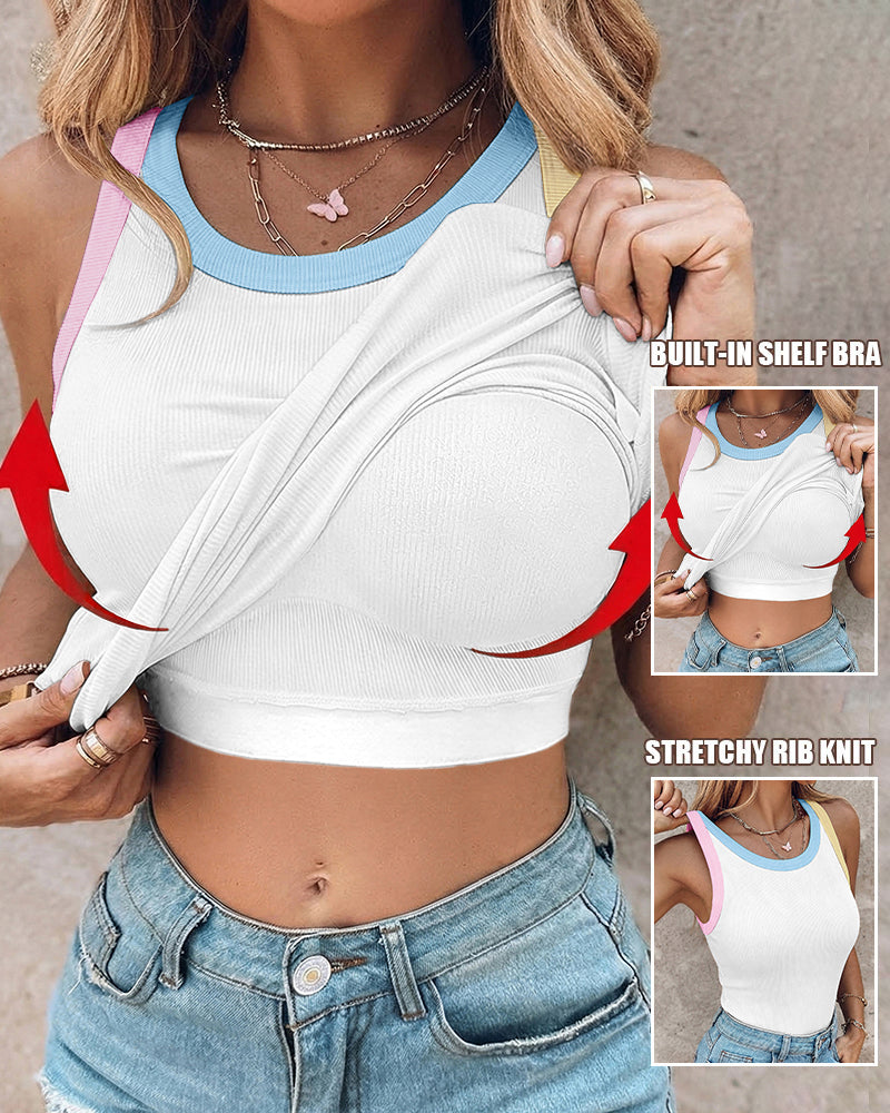 Women's Contrast Binding Tank Top Ribbed Knit Sleeveless Scoop Neck Slim Fit Camisole Top with Built-in Bra