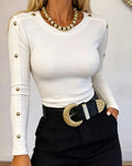 Women's Gold Studded Long Sleeve Rib-Knit T-Shirt Slim Fit Round Neck Top