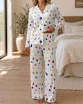 Women's Colorful Heart Print 2 Piece Pajama Set Long Sleeve Button Down Top and High Waisted Pants Casual Lounge Sets