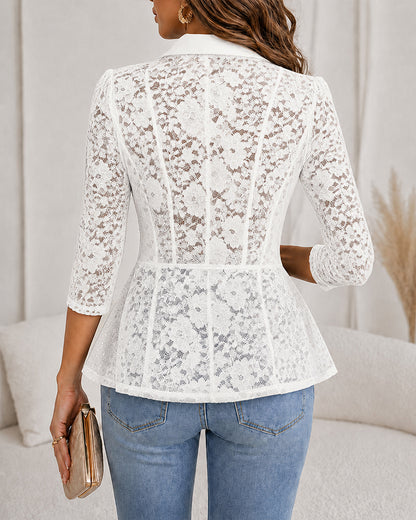 Women's Lace Patchwork Blazer Elegant Shawl Lapel Peplum Coat Single Breasted Three Quarter Sleeve Outwear