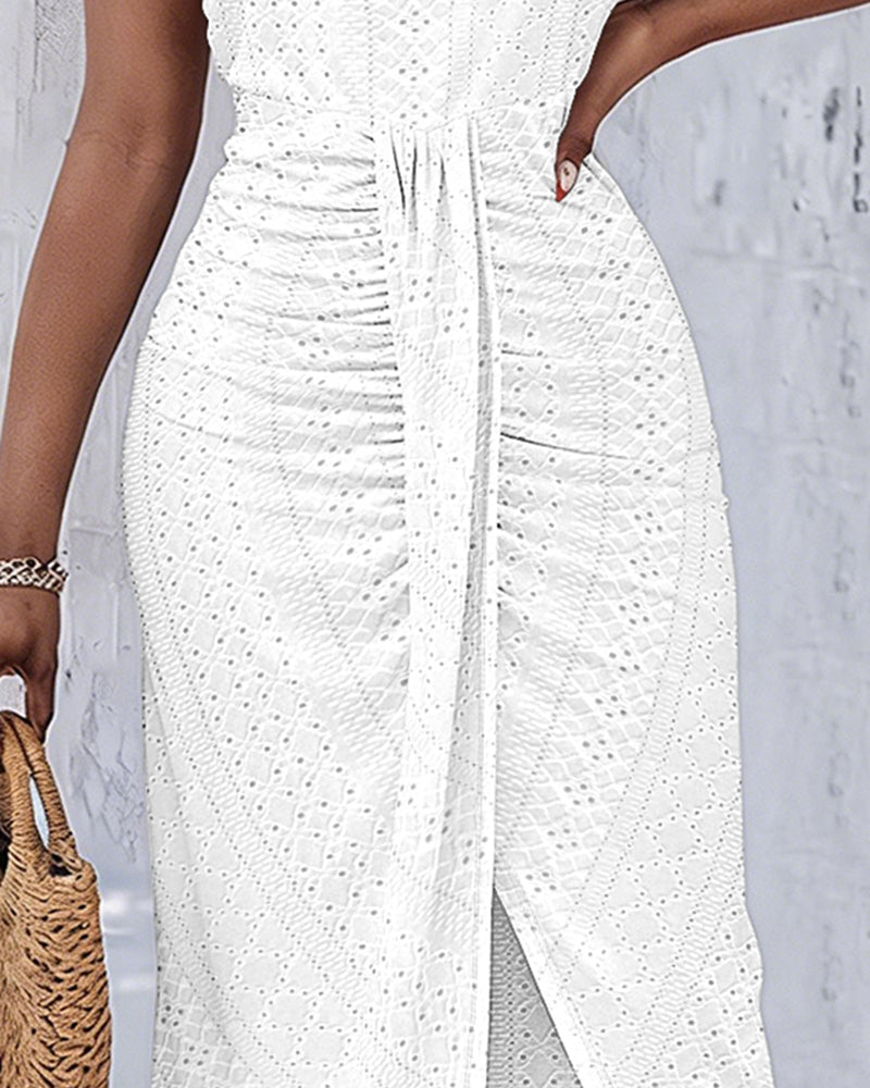 Halter Tie Criss Cross Front Ruched Knit Jacquard Textured Slit Dress Casual Hollow-out Draped Vacation Dress