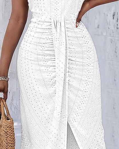 Halter Tie Criss Cross Front Ruched Knit Jacquard Textured Slit Dress Casual Hollow-out Draped Vacation Dress