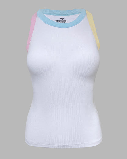 Women's Contrast Binding Tank Top Ribbed Knit Sleeveless Scoop Neck Slim Fit Camisole Top with Built-in Bra