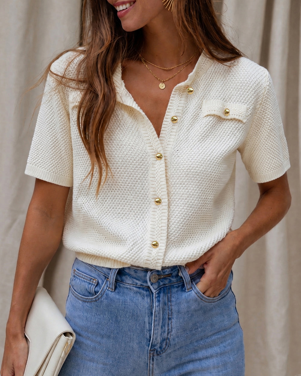 Women's Hollow Out Knit Cardigan Short Sleeve Gold Button Sweater Casual Loose Knitwear Top