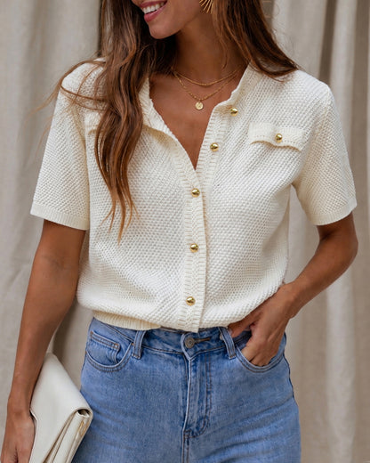 Women's Hollow Out Knit Cardigan Short Sleeve Gold Button Sweater Casual Loose Knitwear Top