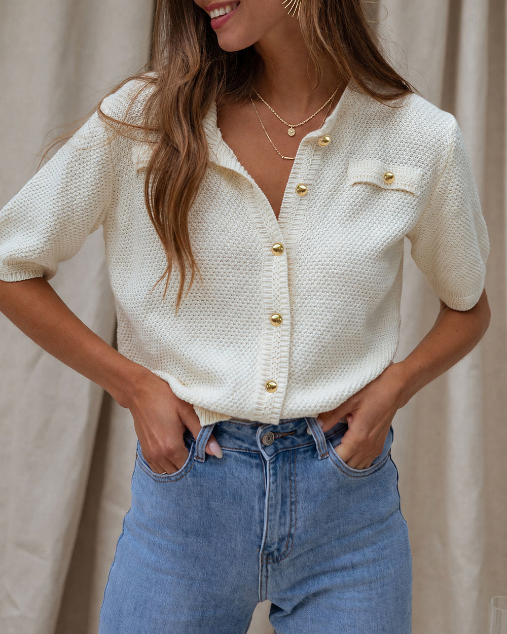 Women's Hollow Out Knit Cardigan Short Sleeve Gold Button Sweater Casual Loose Knitwear Top