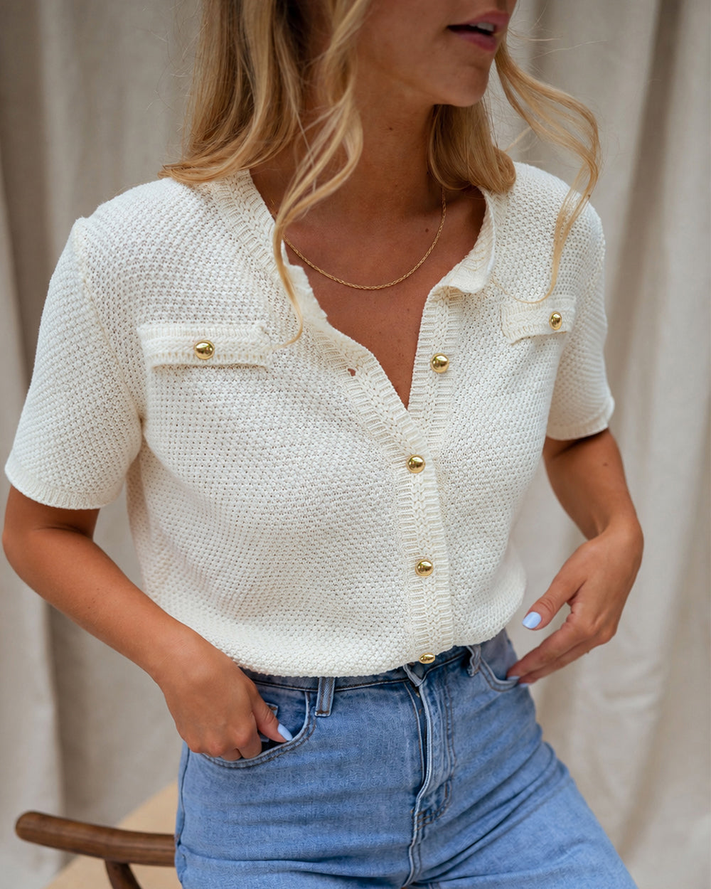 Women's Hollow Out Knit Cardigan Short Sleeve Gold Button Sweater Casual Loose Knitwear Top