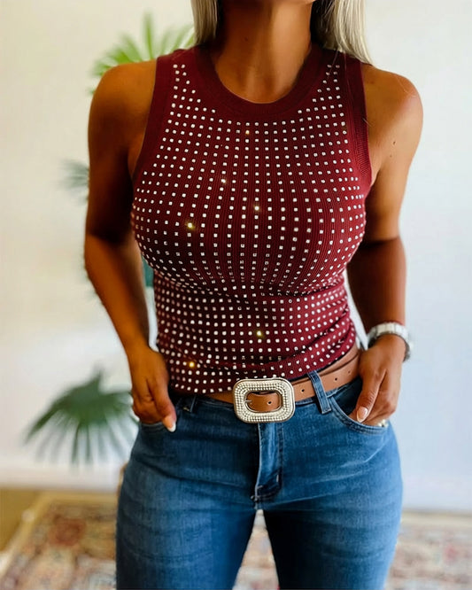Top de tirantes acanalado, con decoración de strass, cuello redondo, sin mangas y corte entallado