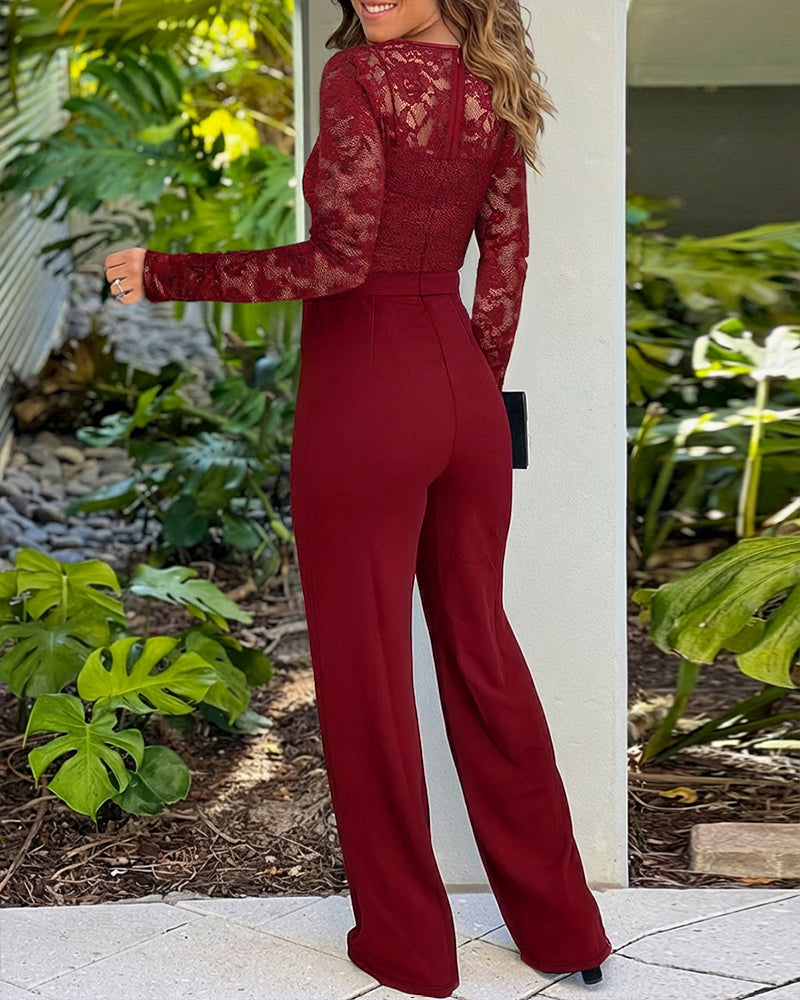 Metal Decor Scallop Trim V-Neck Lace Overlay Jumpsuit Casual Lace Long Sleeve Zipper Back Jumpsuit
