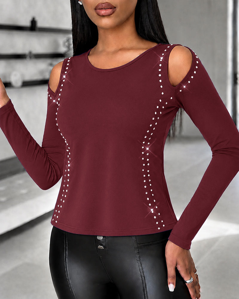 Women's Long Sleeve Top Sparkly Rhinestone Cutout Tee Slim Fit Round Neck T-Shirt