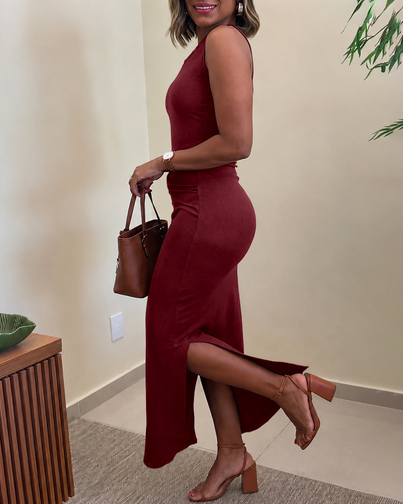 Vestido largo ajustado de punto acanalado sin mangas para mujer, con hebilla dorada, cintura alta fruncida y abertura lateral