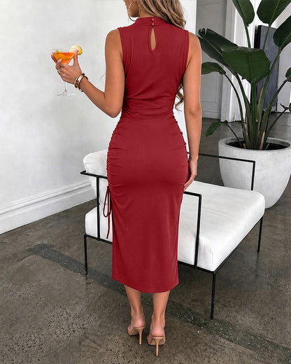 Women's Mock Neck Ruched Midi Dress Sleeveless Side Slit Drawstring Vacation Dress Slim Fit Party Dress