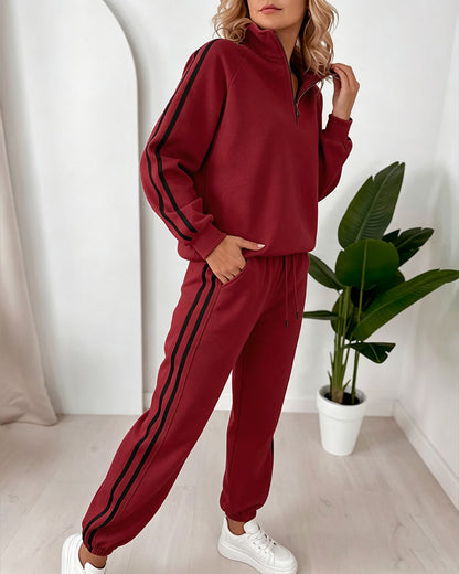 Women's Contrast Side Stripe Two Piece Sweatsuit Half Zip Sweatshirt and High Waisted Joggers Set Casual Tracksuit