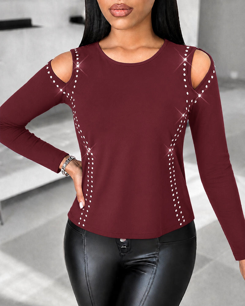 Women's Long Sleeve Top Sparkly Rhinestone Cutout Tee Slim Fit Round Neck T-Shirt