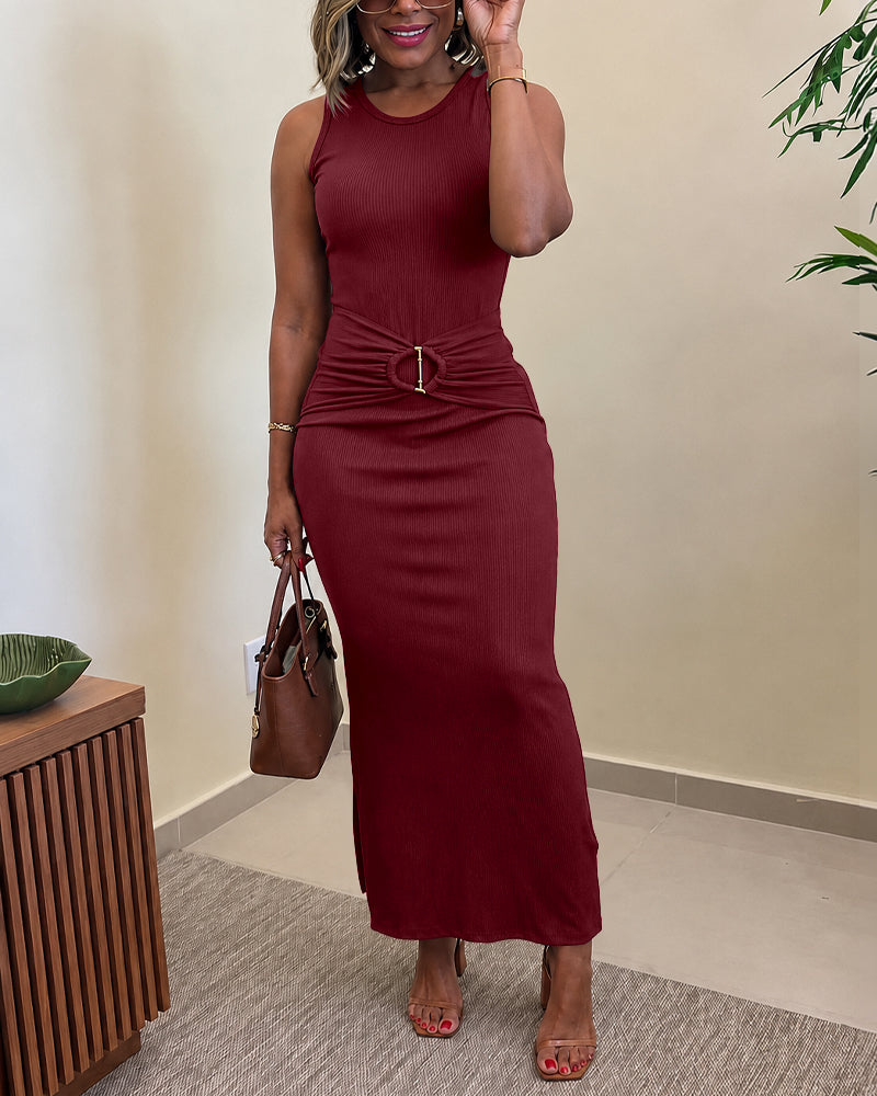 Vestido largo ajustado de punto acanalado sin mangas para mujer, con hebilla dorada, cintura alta fruncida y abertura lateral