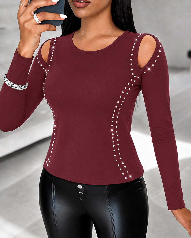 Women's Long Sleeve Top Sparkly Rhinestone Cutout Tee Slim Fit Round Neck T-Shirt
