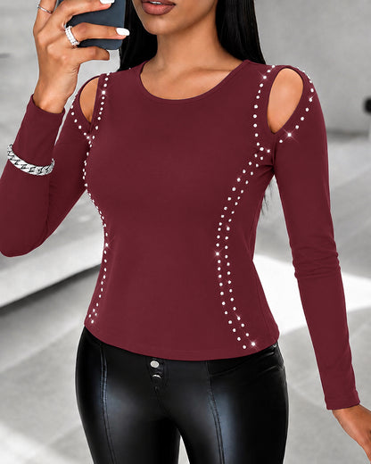 Women's Long Sleeve Top Sparkly Rhinestone Cutout Tee Slim Fit Round Neck T-Shirt