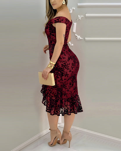Women's Flock Floral Mesh Dress Off Shoulder Ruffle Hem Bodycon Dress Slit Evening Party Mermaid Gown