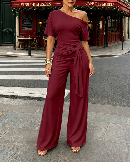Women's Skew Neck 2 Piece Outfits Ruched Tie Waist Short Sleeve Top and High Waisted Wide Leg Pants Lounge Set
