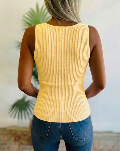 Rhinestone Decor U-Neck Sleeveless Tee Slim Fit Backless Ribbed Tank Top