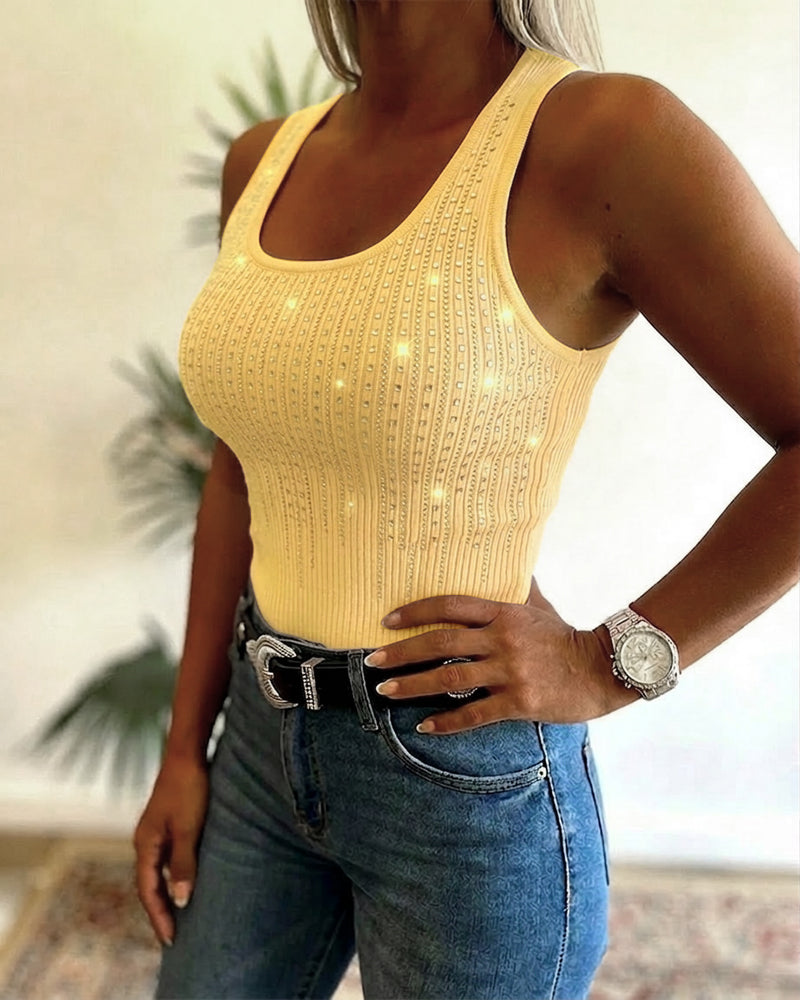 Rhinestone Decor U-Neck Sleeveless Tee Slim Fit Backless Ribbed Tank Top
