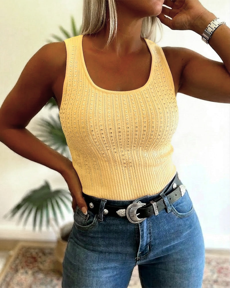 Rhinestone Decor U-Neck Sleeveless Tee Slim Fit Backless Ribbed Tank Top